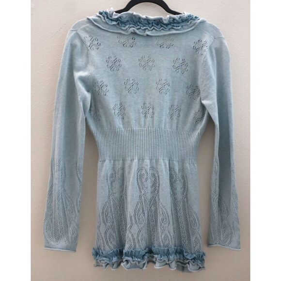 Anthropologie Guinevere Women's Sz M Blue Pointelle Ruffled Curly Top Cardigan - Picture 2 of 12